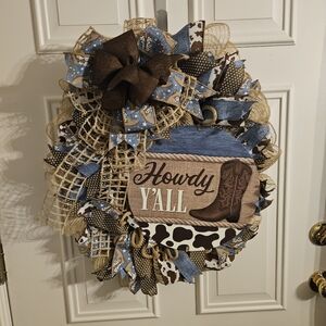 Hand Crafted Western Wreath with Brown and Blue Accents